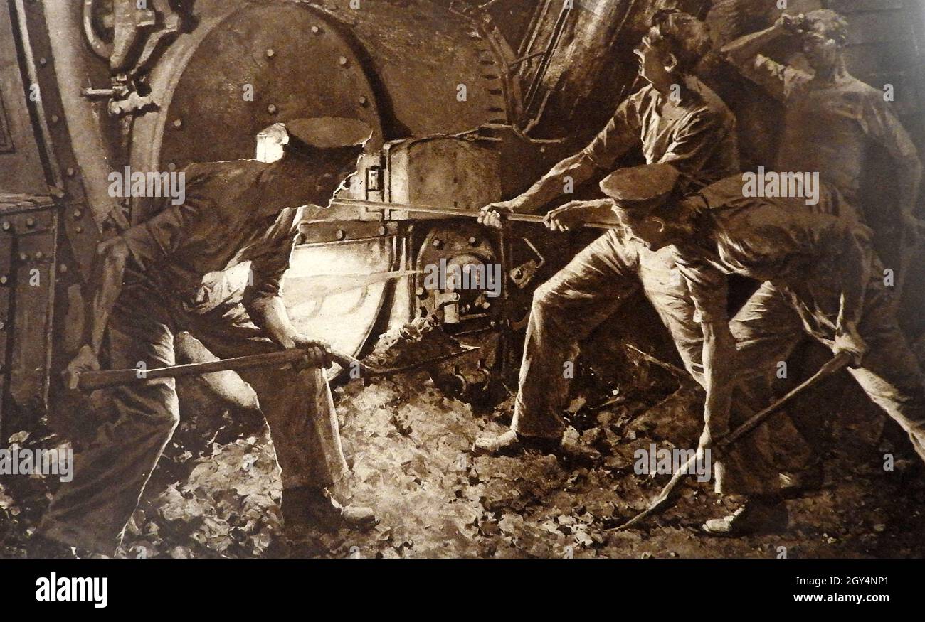 WWI Illustration - Boiler Stokers bekannt als die Black Squad bei der Arbeit an einem britischen Schlachtschiff.j Stockfoto