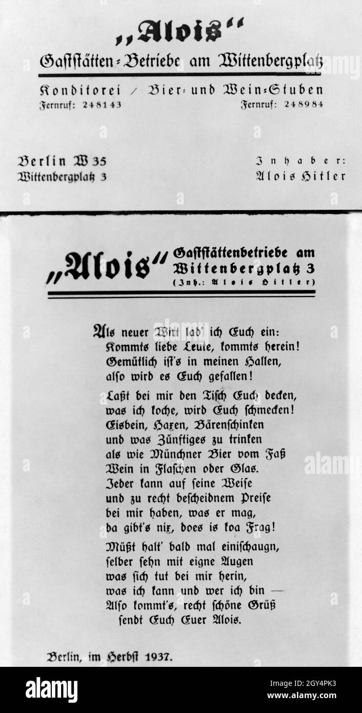 Alois, ein Stiefbruder Adolf Hitlers, eröffnete mit diesem Werbeplakat sein Restaurant am Wittenbergplatz in Berlin. [Automatisierte Übersetzung] Stockfoto