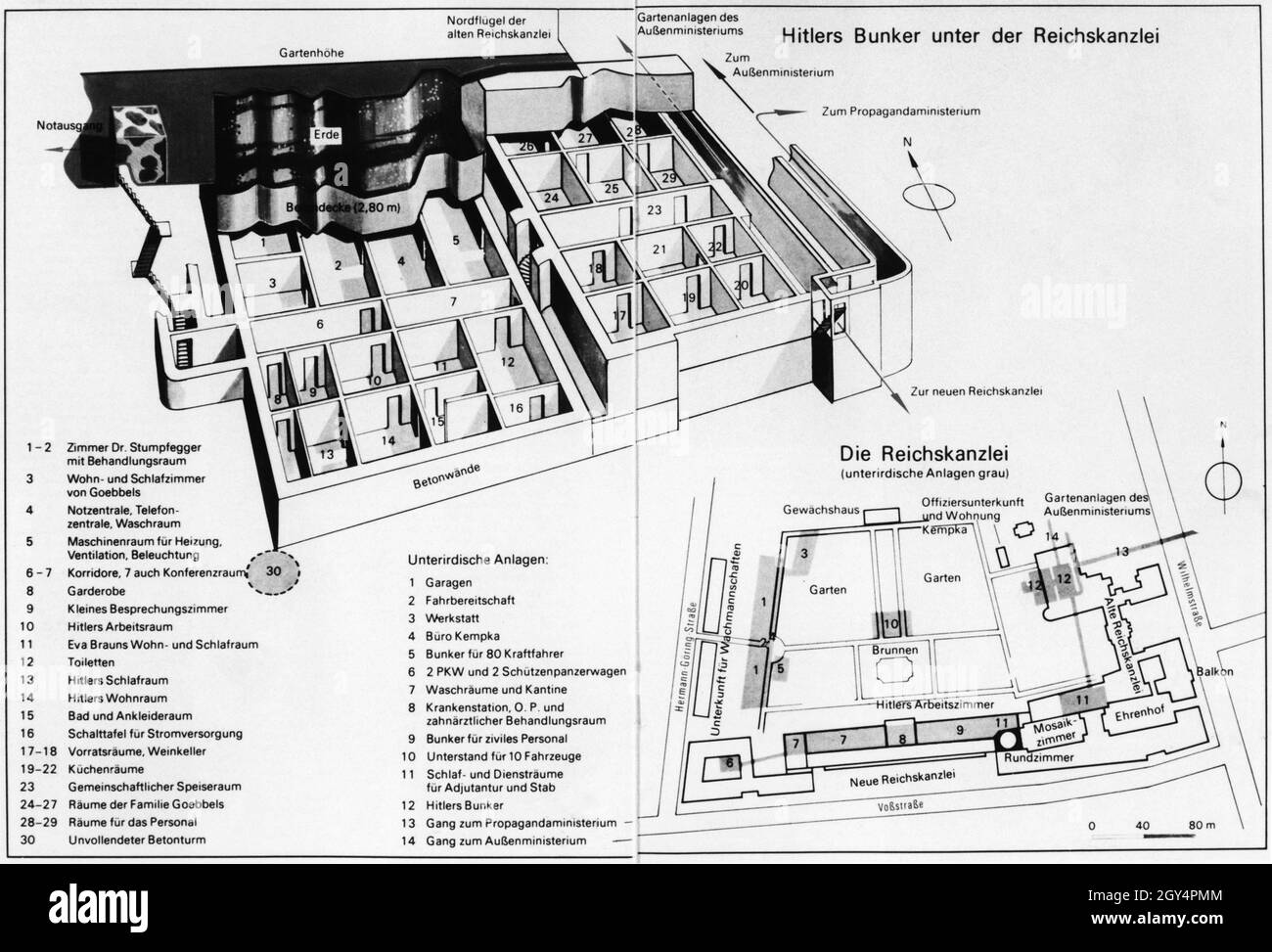 Eine Erhebung der unterirdischen Bunker unter der Reichskanzlei in Berlin  mit Hitlers Schutzräumen. Auch eine Karte des Standortes der neuen und  alten Reichskanzlei. [Automatisierte Übersetzung] Stockfotografie - Alamy