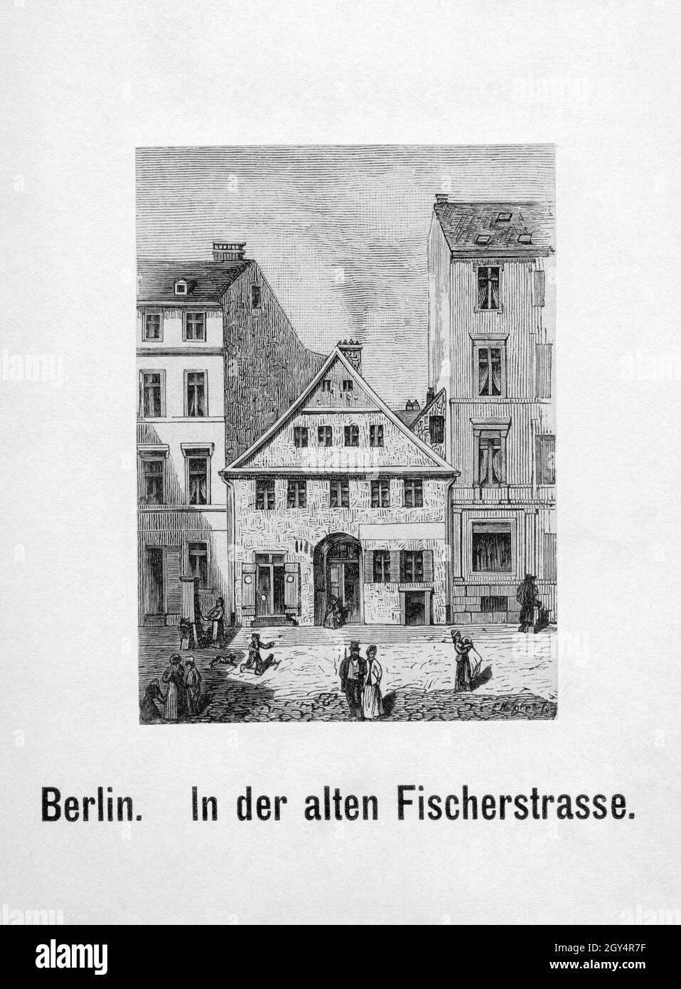 Diese Gravur zeigt Häuser in der Fischerstraße auf der Fischerinsel in  Berlin-Mitte (Straße existiert nicht mehr). Undatiert, wahrscheinlich um  1840 hergestellt. [Automatisierte Übersetzung] Stockfotografie - Alamy