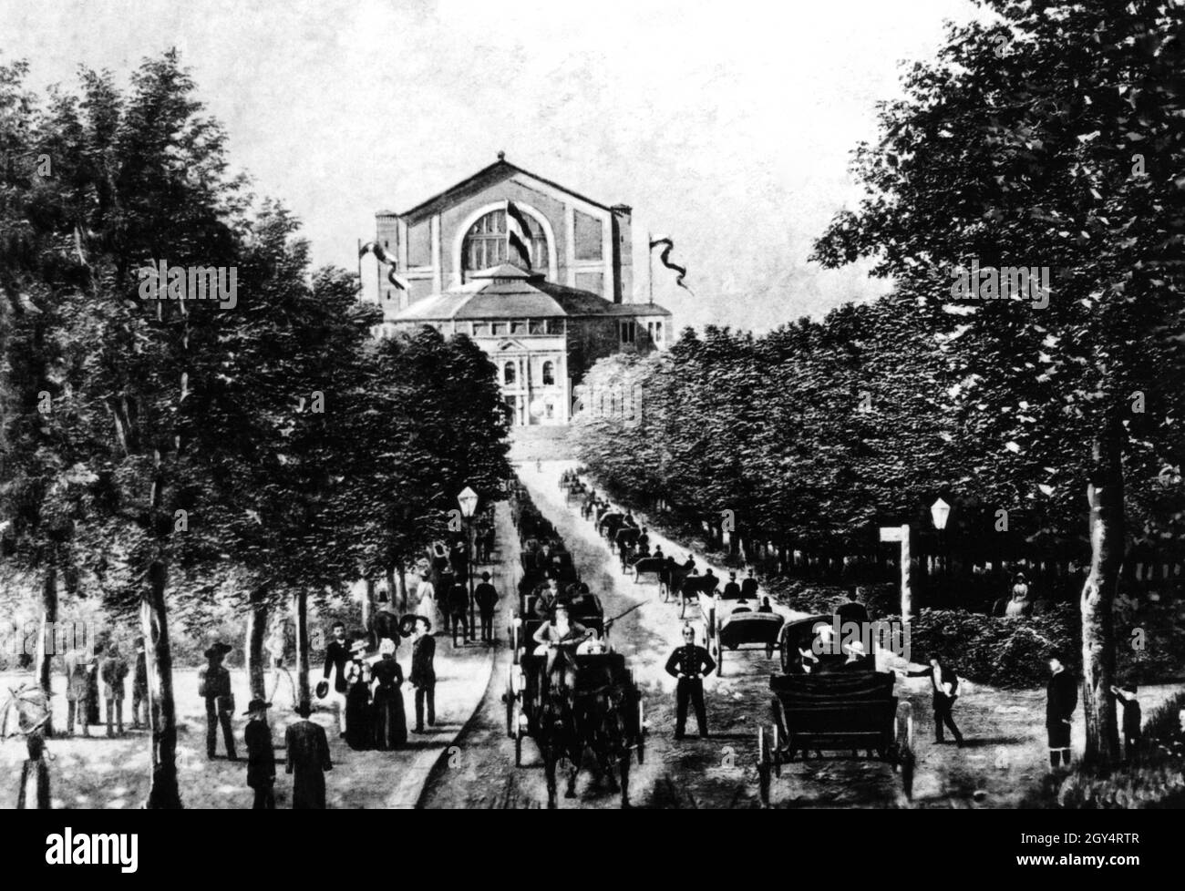 Die Kutscheneinfahrt zum Festspielhaus, nach einer zeitgenössischen Malerei aus den ersten Jahren des Stückes, um 1880. [Automatisierte Übersetzung] Stockfoto