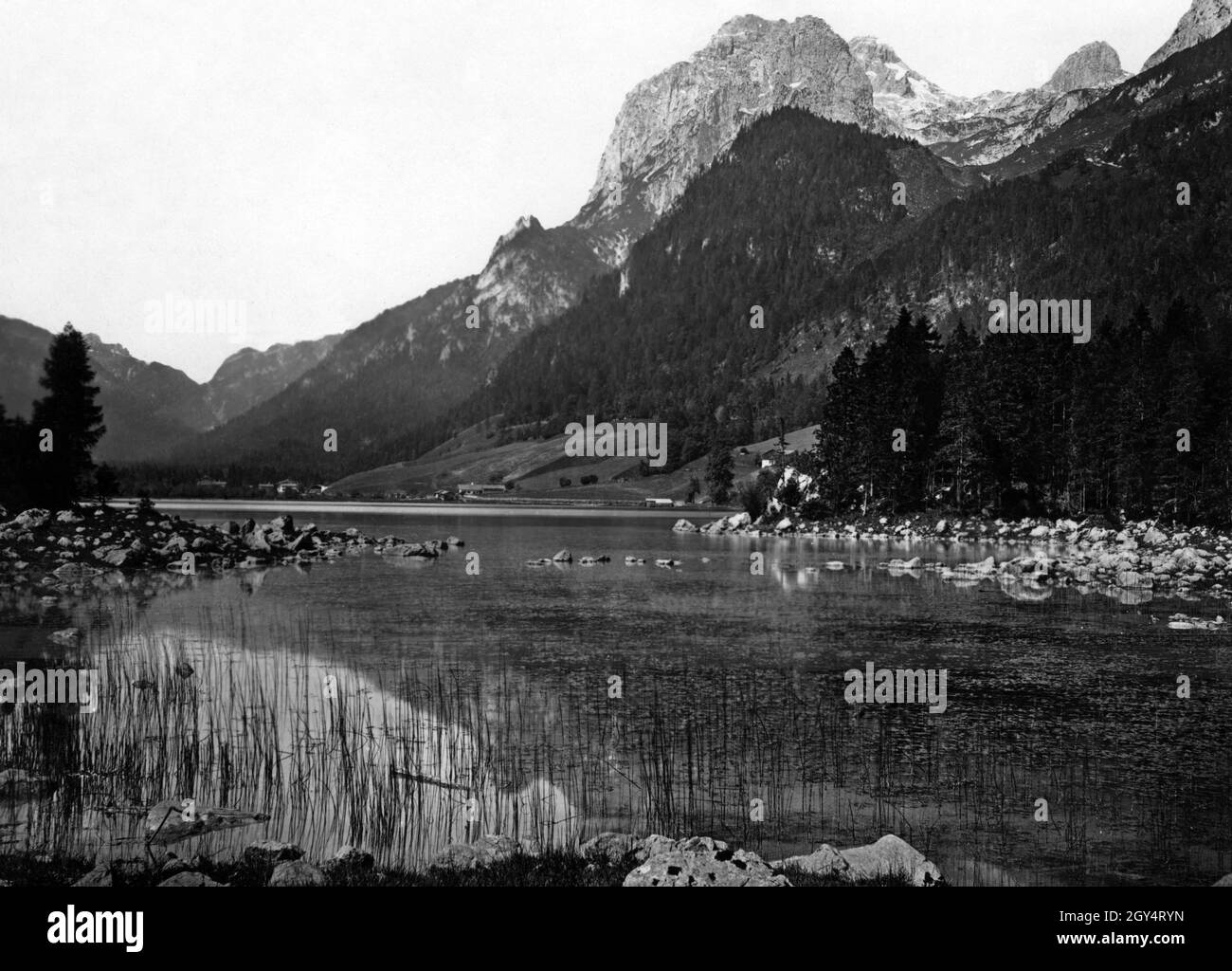 Vom Hinterseeufer bei Berchtesgaden aus sieht man den Halskopf (bewaldet), das Knittelhorn (hinten), das Stadelhorn (hinten rechts) und das Wagendrischelhorn (rechts). Undatierte Aufnahme, wahrscheinlich um 1935 aufgenommen. [Automatisierte Übersetzung] Stockfoto