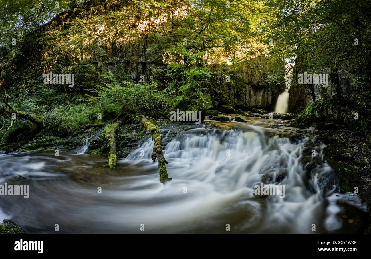 Langzeitbelichtung bei Catrigg Force in der Nähe von Stainforth, Yorkshire Dales, Großbritannien. Stockfoto