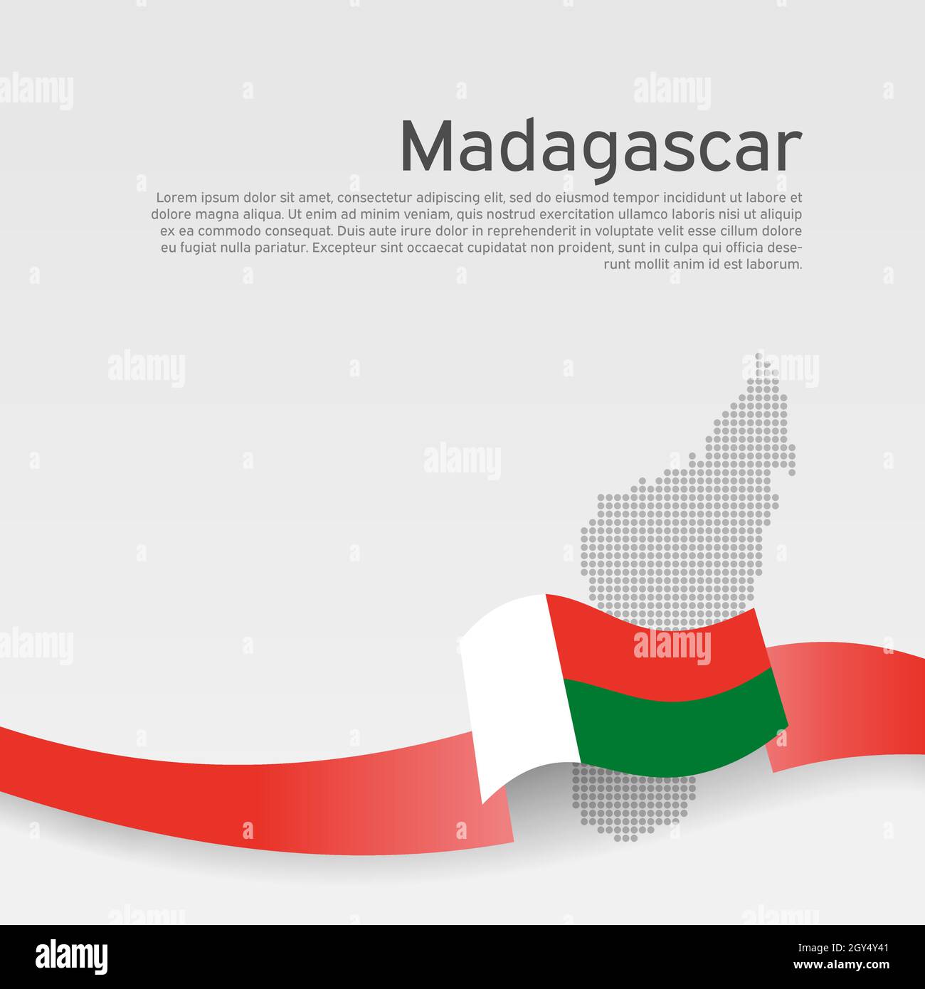 Madagaskar-Flagge, Mosaikkarte auf weißem Hintergrund. Gewelltes Band mit der madagaskar-Flagge. Vector Banner Design, National Poster. Cover für Business Bookl Stock Vektor