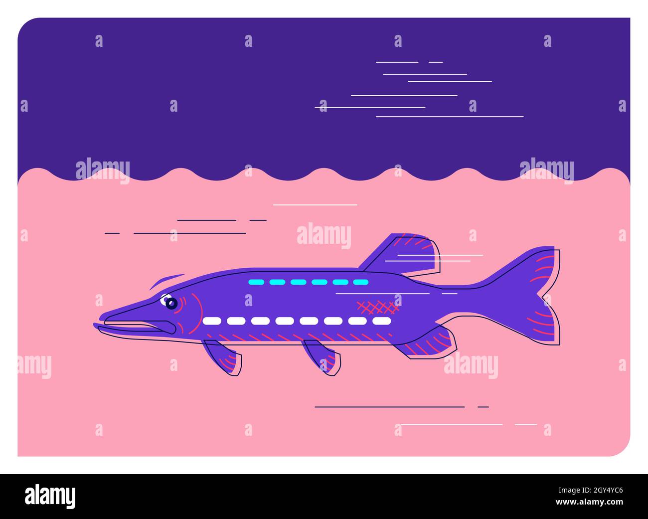 Pike in the River, minimalistische flache Illustration Stock Vektor