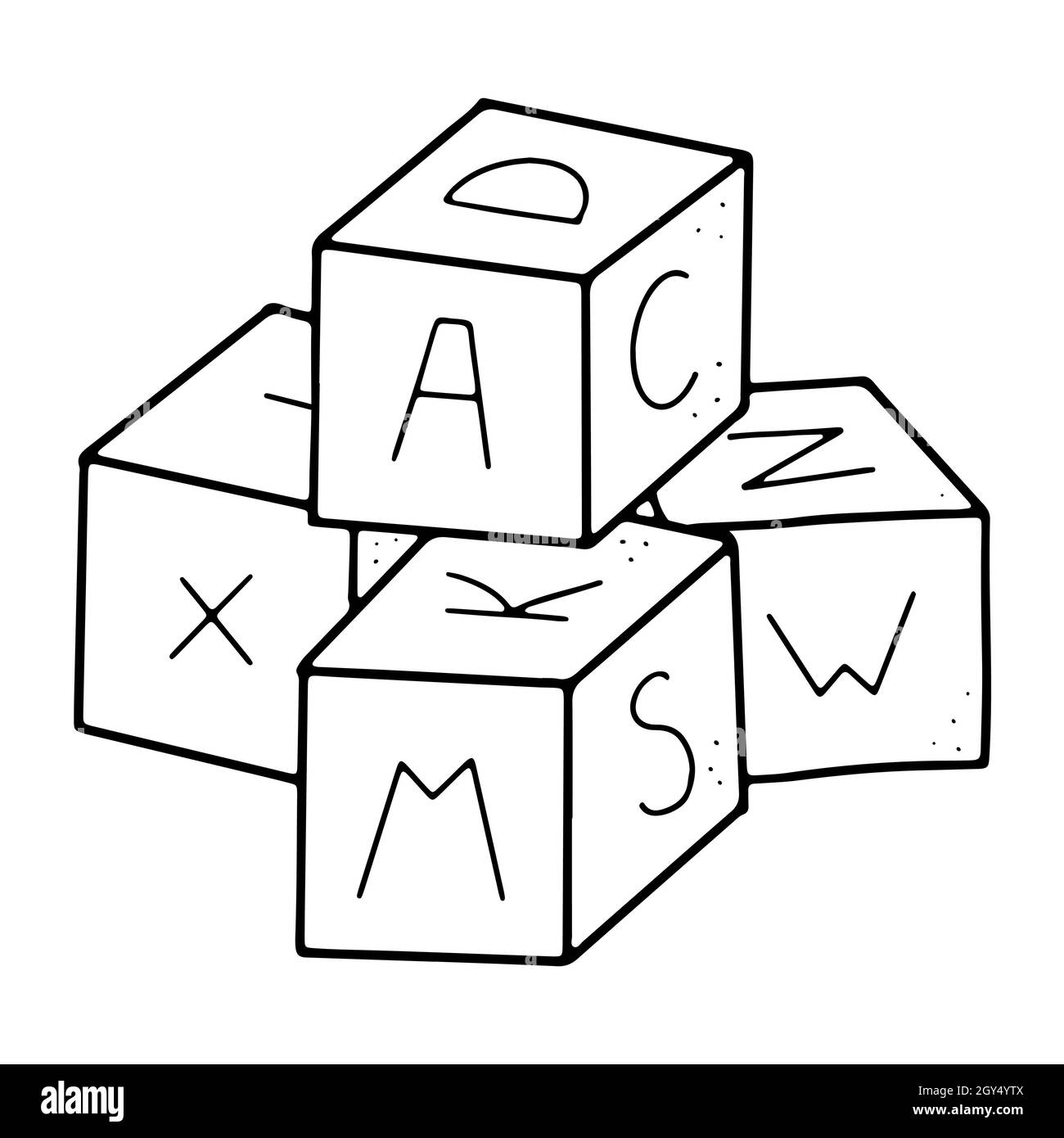 Kinder-Block-Spielzeug im Doodle-Stil mit Alphabet auf ihnen im Vektorformat Stock Vektor