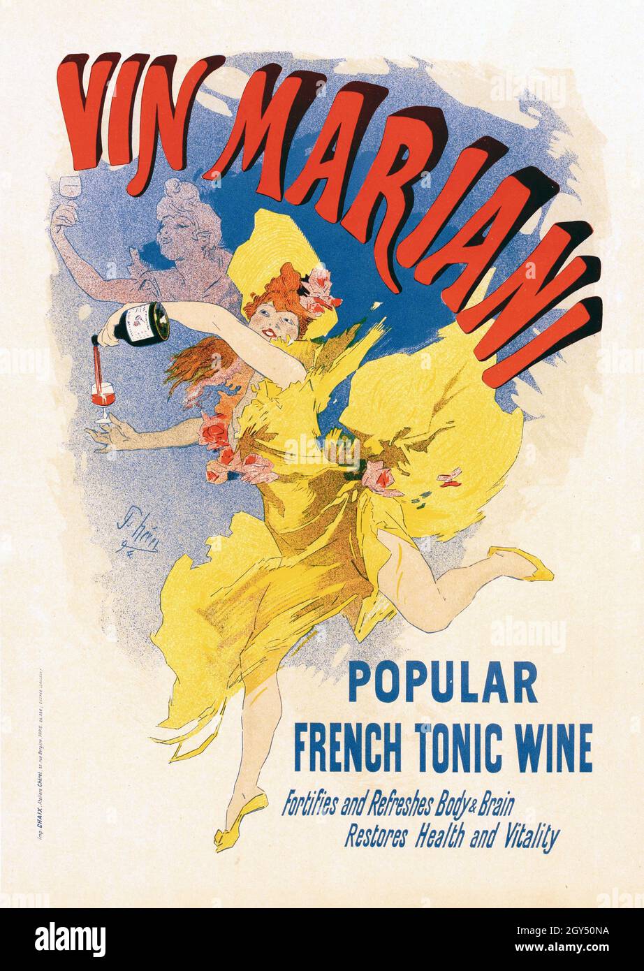 Französisches Vintage Poster, das Vin Mariani, einen beliebten französischen Tonic Wein, anwirbt. „stärkt und erfrischt Körper und Gehirn, stellt Gesundheit und Vitalität wieder her“ von Jules Chéret 1895. Stockfoto