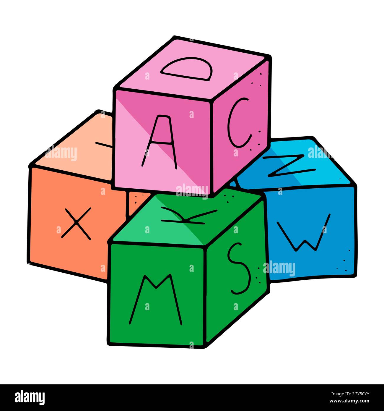 Kinder-Block-Spielzeug im Doodle-Stil mit Alphabet auf ihnen im Vektorformat Stock Vektor