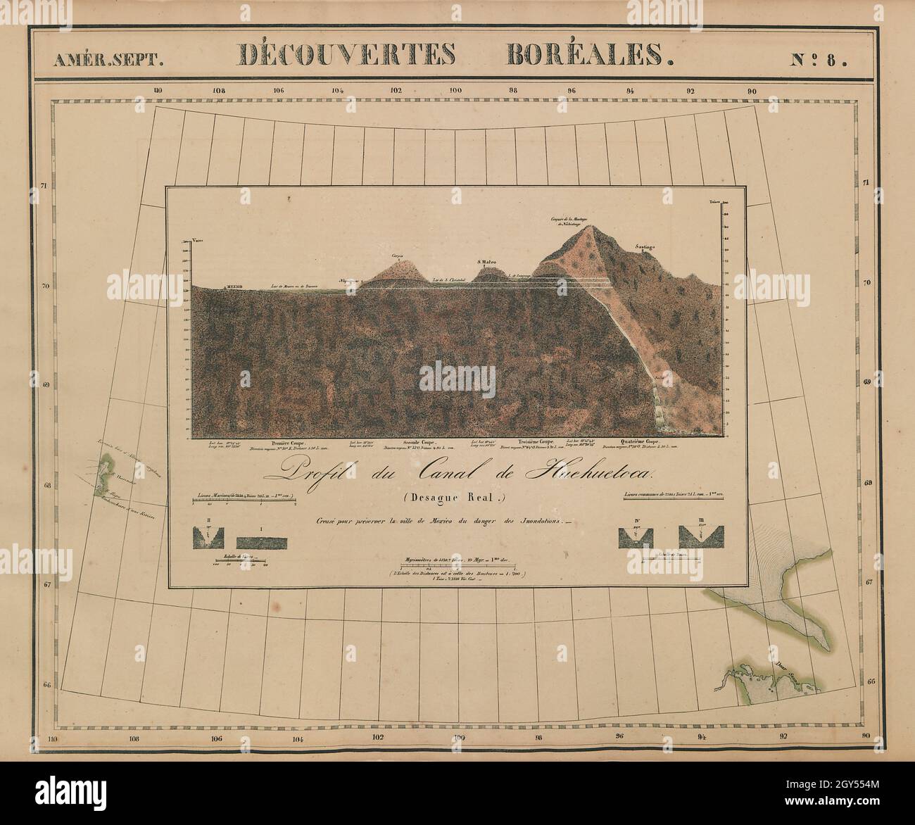 Amér Sep Découvertes Boréales #8 Nochistongo Kanalprofil VANDERMAELEN 1827 Karte Stockfoto