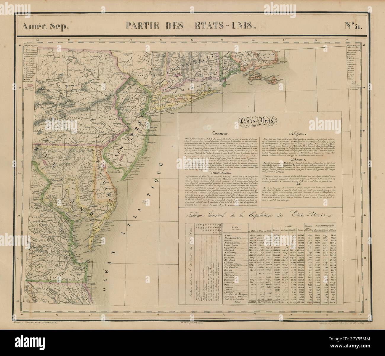 Amér Sep Parties des États-Unis #51 USA Mittelatlantische Küste VANDERMAELEN 1827 Karte Stockfoto