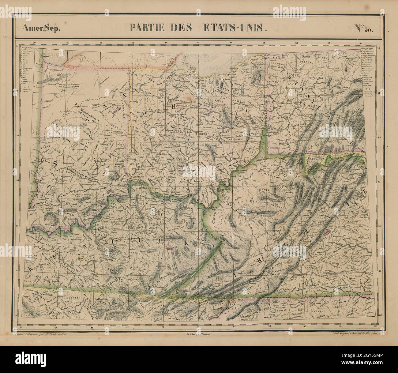 Amér Sep Parties des États-Unis #50 Ohio KY WV VA IN PA. VANDERMAELEN 1827 Karte Stockfoto