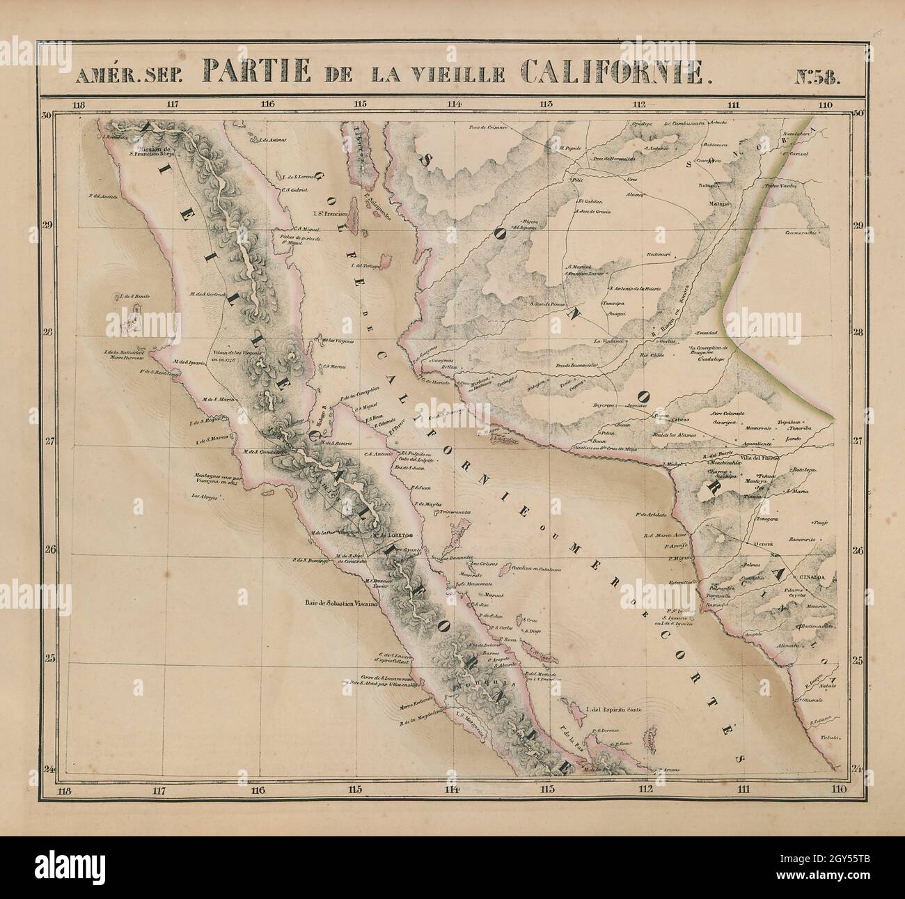 Amér Sep Partie de la Vielle Californie 58 Baja California VANDERMAELEN 1827 Karte Stockfoto