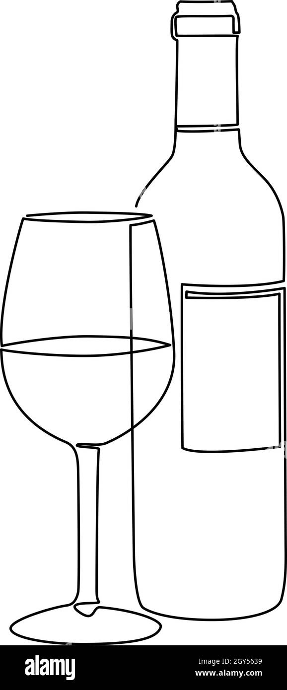 Kontinuierliche einzeilige Weinflasche und Weinglas, Linienkunst Vektor Illustration Stock Vektor