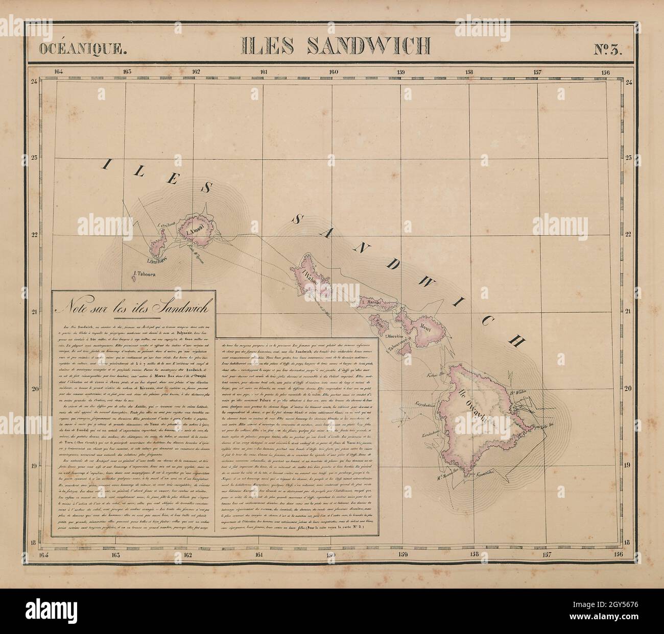 Océanique. Iles Sandwich #3. Hawaii Oahu Kauai Maui. VANDERMAELEN 1827 alte Karte Stockfoto