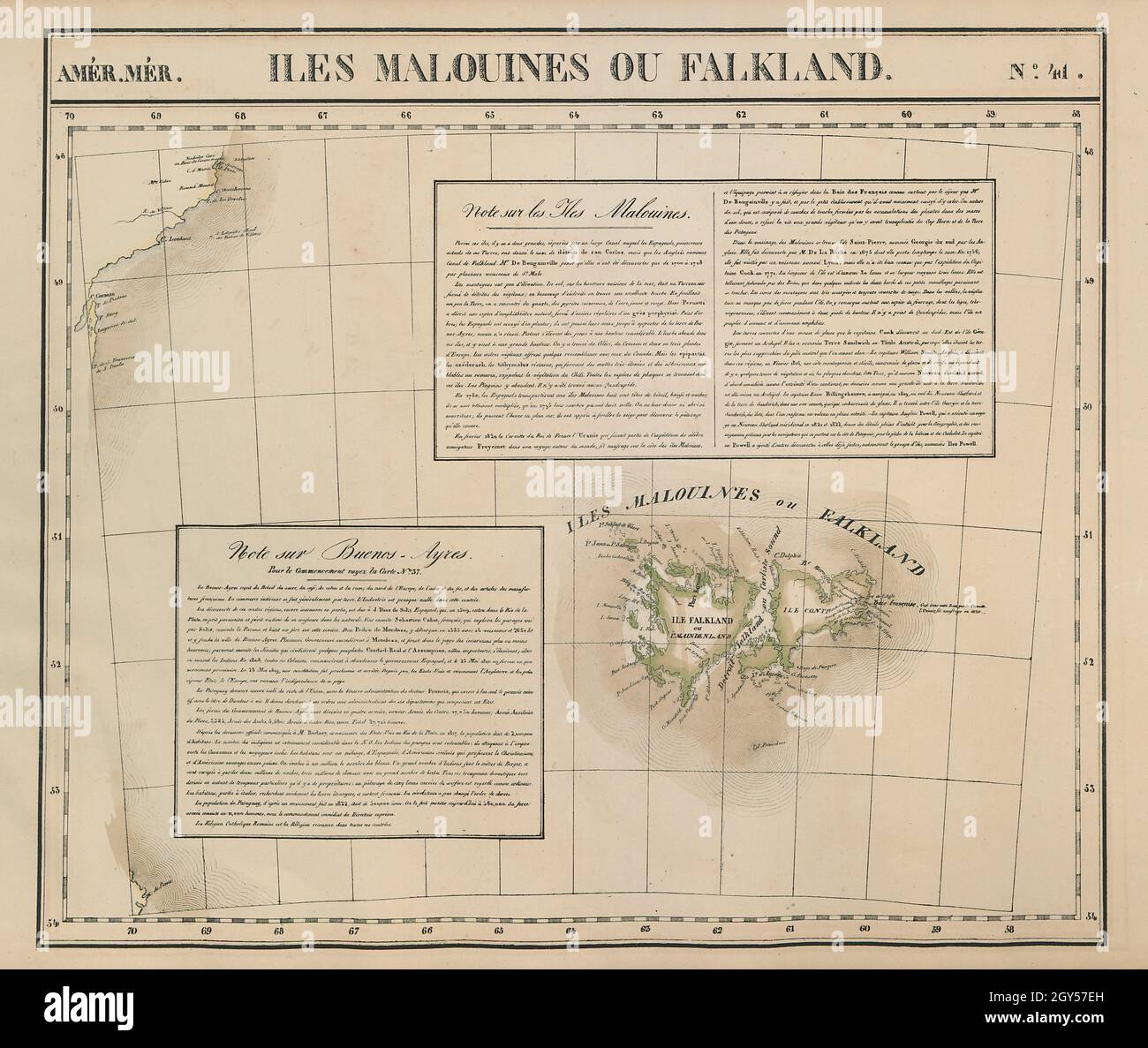 Amér. Mér. Iles Malouines #41. Falklandinseln Patagonien. VANDERMAELEN 1827 Karte Stockfoto