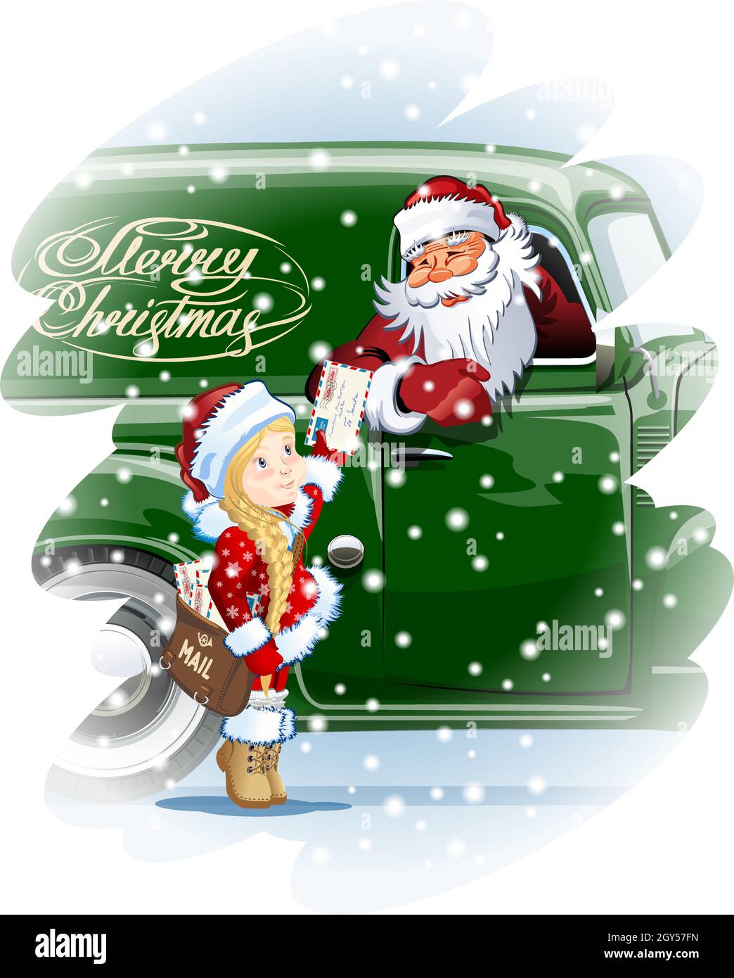 Vector Gruß Weihnachtskarte mit Snow Maiden - Postmann liefert Post für Santa. Verfügbares eps-10-Format, das durch Gruppen und Ebenen getrennt ist, zum Bearbeiten Stock Vektor