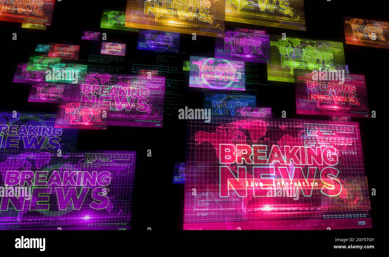 Aktuelle Nachrichten auf dem Computerbildschirm. Broadcast, Live-Medien, Headline Information und Kommunikation abstraktes Konzept 3d-Illustration. Stockfoto