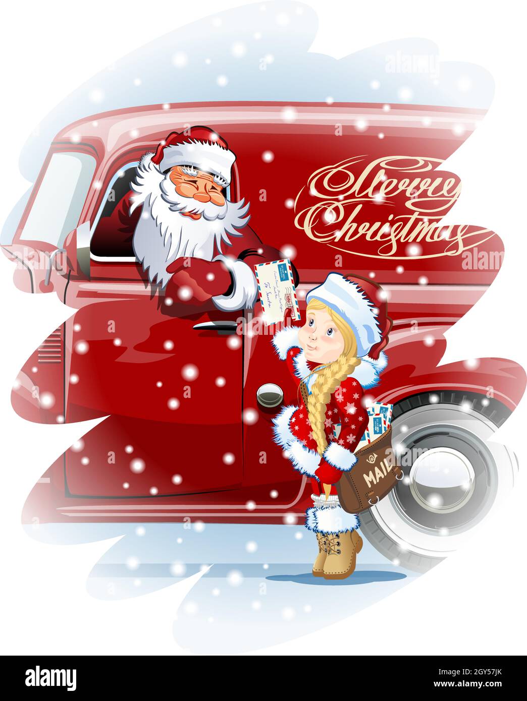 Vector Gruß Weihnachtskarte mit Snow Maiden - Postmann liefert Post für Santa. Das verfügbare eps-10-Format ist durch Gruppen und Ebenen getrennt, um eine einfache E-Datei zu erhalten Stock Vektor