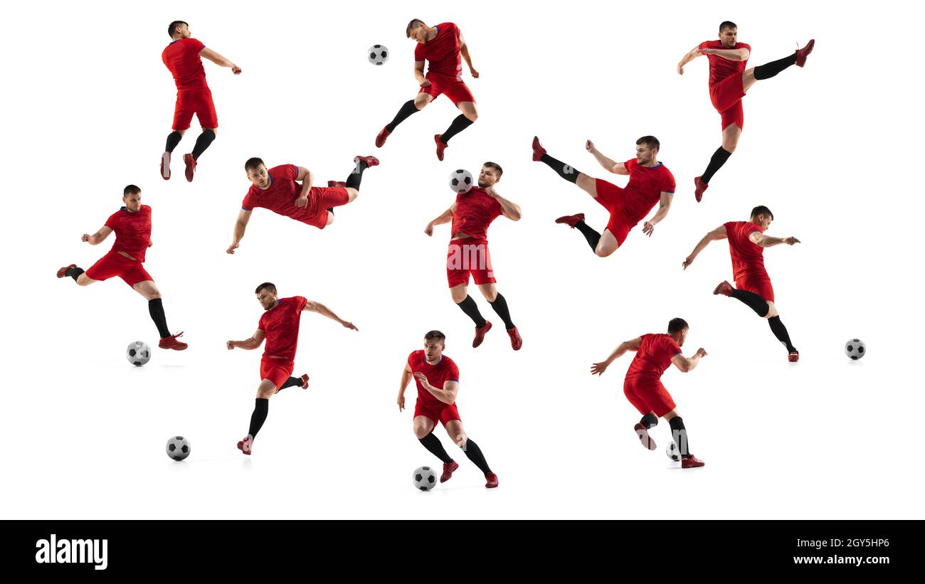 Collage aus Aufnahmen eines professionellen Fußballspielers mit Ball in Bewegung, Action isoliert auf weißem Studiohintergrund. Stockfoto