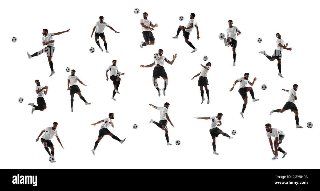 Collage aus Aufnahmen eines afrikanischen Fußballprofi mit Ball in Bewegung, Action isoliert auf weißem Studiohintergrund. Stockfoto