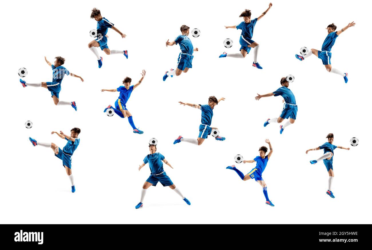 Collage aus Aufnahmen eines professionellen Fußballspielers mit Ball in Bewegung, Action isoliert auf weißem Studiohintergrund. Stockfoto
