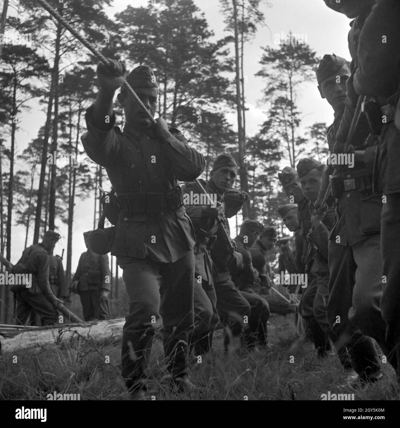 Original - Bildunterschrift: Pioniere beseitigen eine Wegsperre von Baumstämmen und Unterholz, Deutschland 1940er Jahre. Soldaten einer militärischen Einheit Beseitigung einer Barrikade von Trunks und Holz, Deutschland 1940. Stockfoto