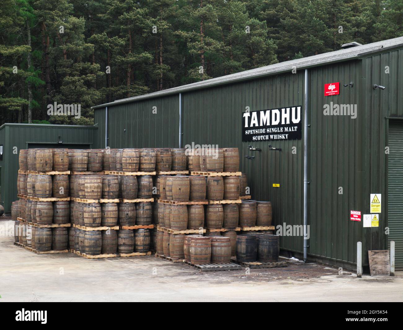 Whisky-Fässer in der Tamdhu Distillery, Grampian Stockfoto
