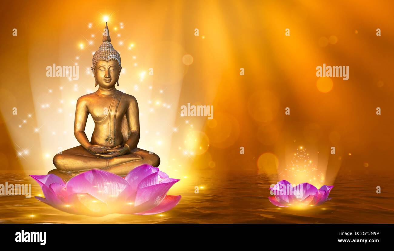 Buddha Statue Wasser lotus Buddha auf Lotus Flower auf orangefarbenem Hintergrund Stockfoto