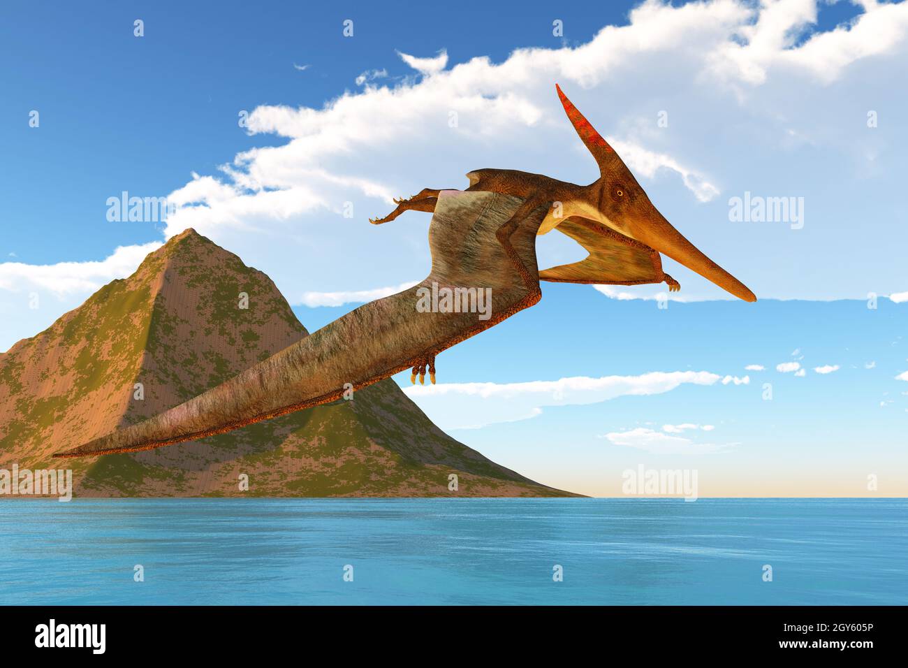 Ein Pteranodon-Reptil sucht während der Kreidezeit Nordamerikas nach Beute. Stockfoto