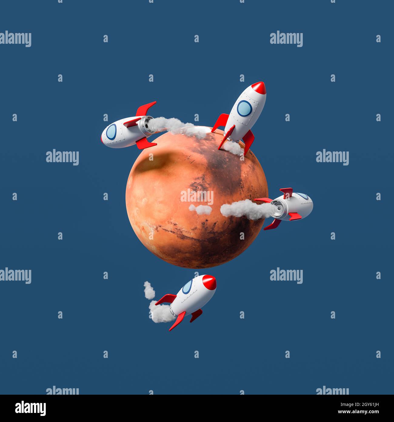 Cartoon Raumschiffe Fliegen und landen auf dem Mars isoliert auf flachem blauem Hintergrund 3D Illustration, Raumfahrt Konzept. Textur von solarsystemscope.com Stockfoto