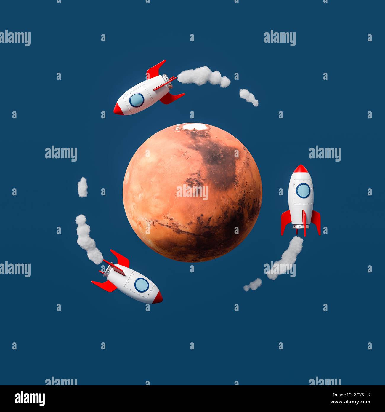 Cartoon Raumschiffe fliegen um den Mars isoliert auf flachem blauen Hintergrund 3D Illustration, Raumtransport Konzept. Textur aus solarsystemscope.Co Stockfoto