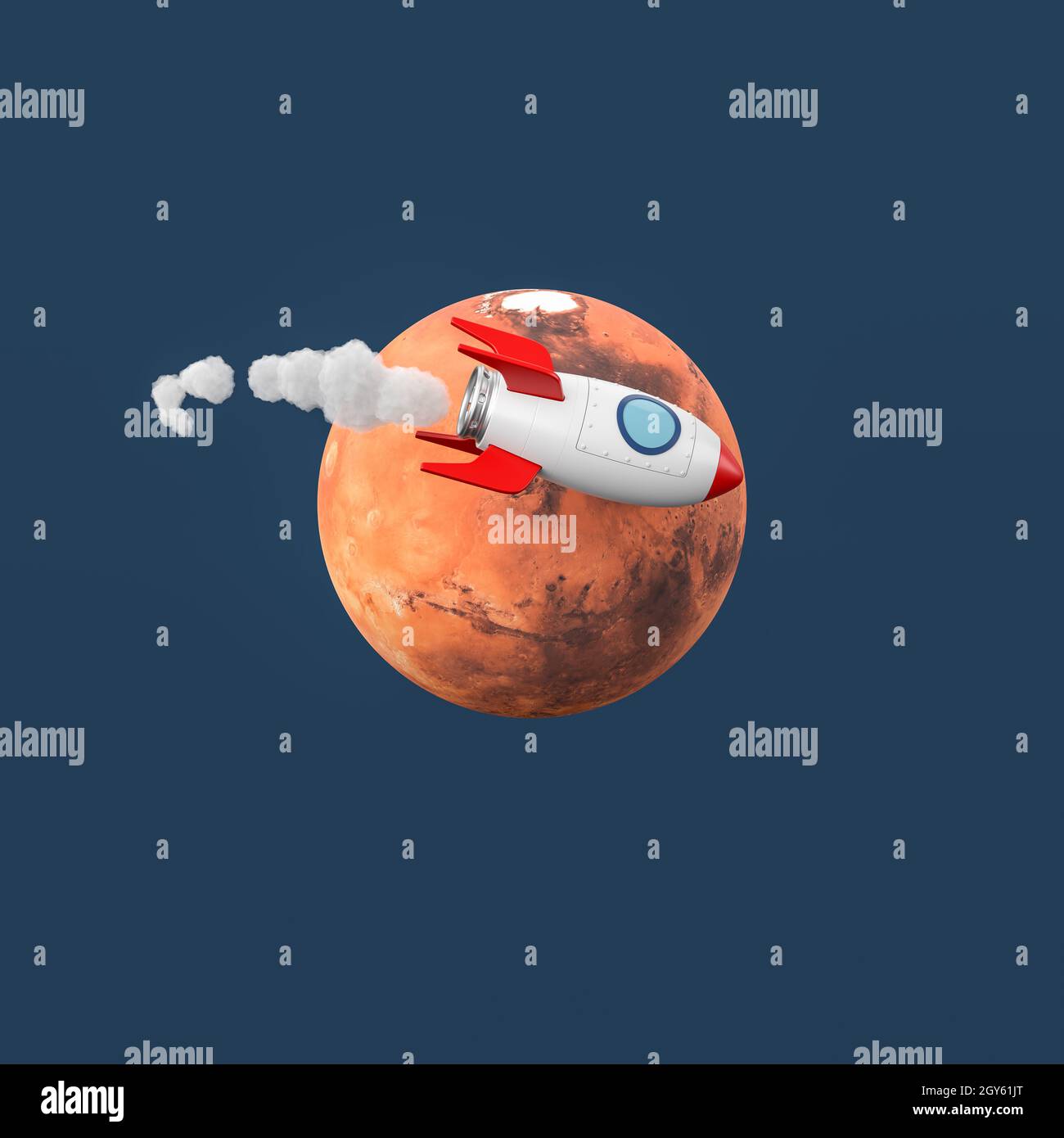 Rot und Weiß Cartoon Raumschiff Fliegen um den Mars isoliert auf flachem blauen Hintergrund 3D Illustration, Raumfahrt Konzept. Textur aus solarsystemsco Stockfoto