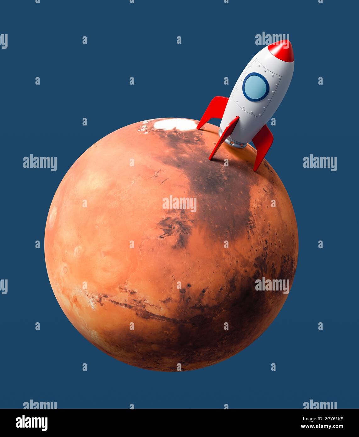 Rot und Weiß Cartoon Raumschiff landete auf dem Mars isoliert auf flachem blauen Hintergrund 3D Illustration, Space Exploration Konzept. Textur aus solarsystemsc Stockfoto