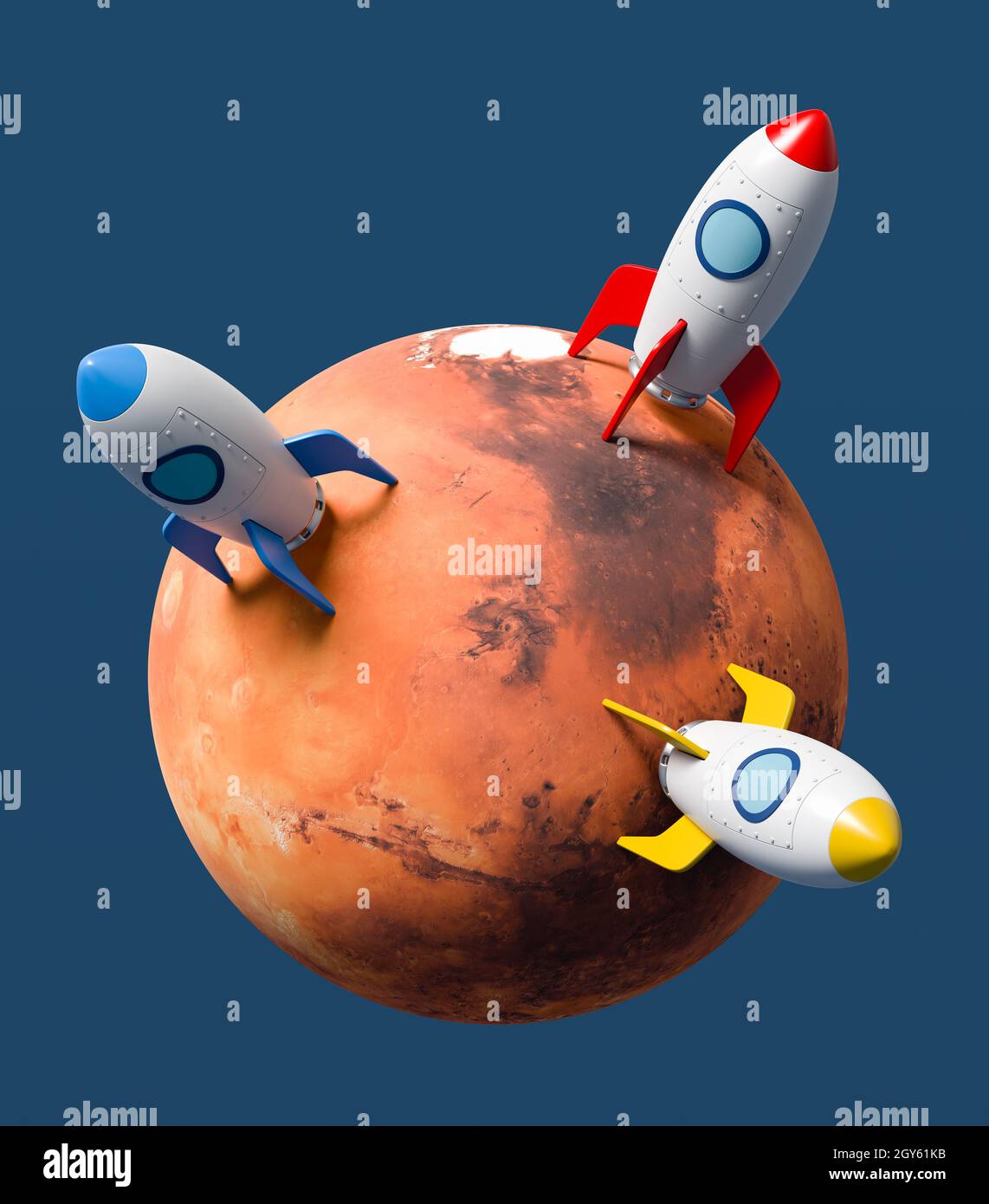 Cartoon Raumschiffe landeten auf dem Mars isoliert auf flachem blauem Hintergrund 3D Illustration, Raumkolonialisierungskonzept. Textur von solarsystemscope.com Stockfoto