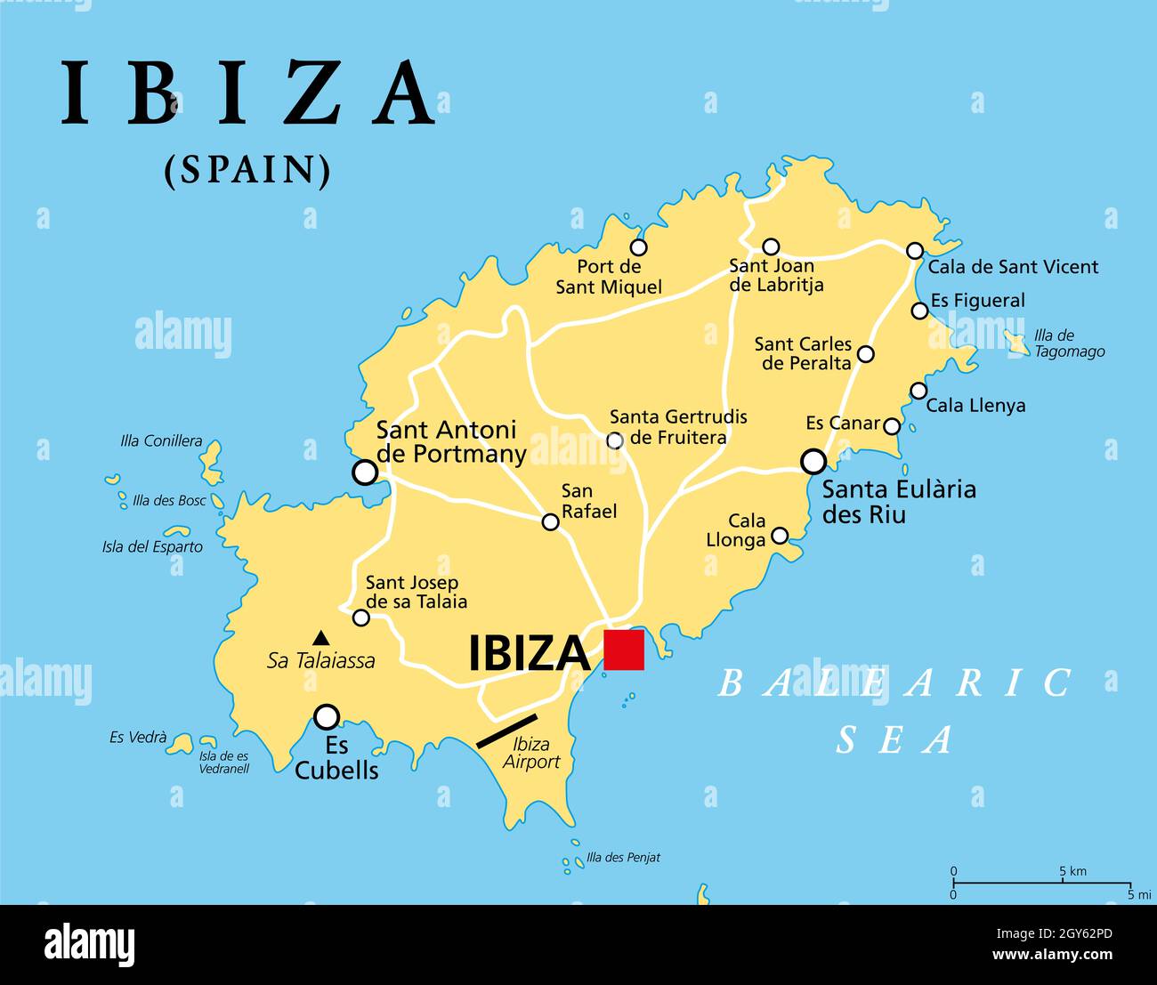 Ibiza, politische Landkarte. Teil der Balearen, einer Inselgruppe und autonomen Gemeinschaft Spaniens im Mittelmeer. Stockfoto