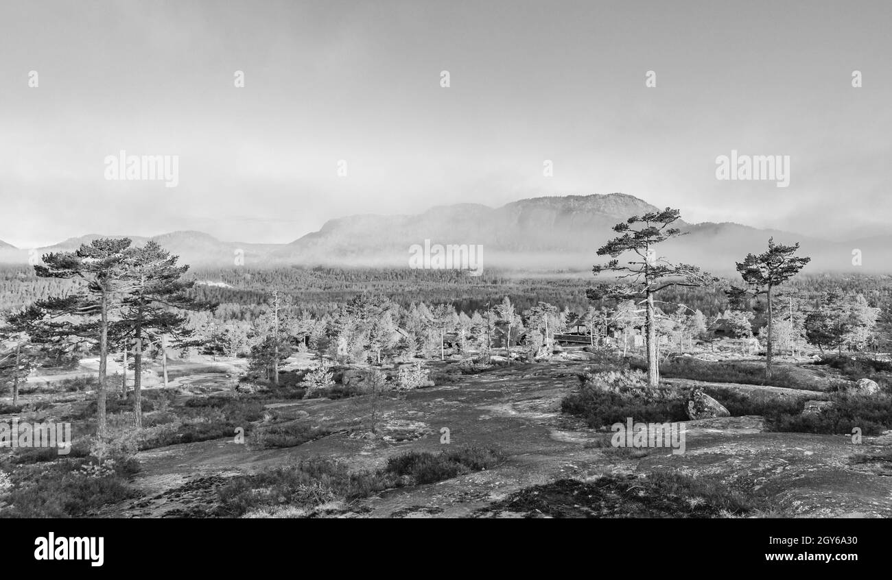 Schwarz-Weiß-Bild des Morgenaufgangs mit Nebelwolken und Bergen in der Naturlandschaft Treungen in Nissedal Norwegen. Stockfoto