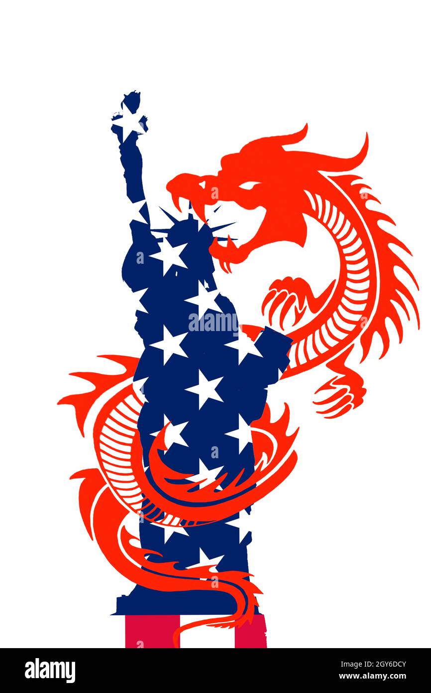 Flaggen der USA auf der Freiheitsstatue und der Drache symbolisiert China/USA China trade Krieg Konzept. Stockfoto