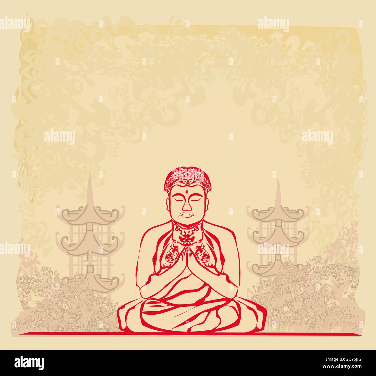 Buddha und asiatische Landschaft - abstrakte Zierkarte Stockfoto