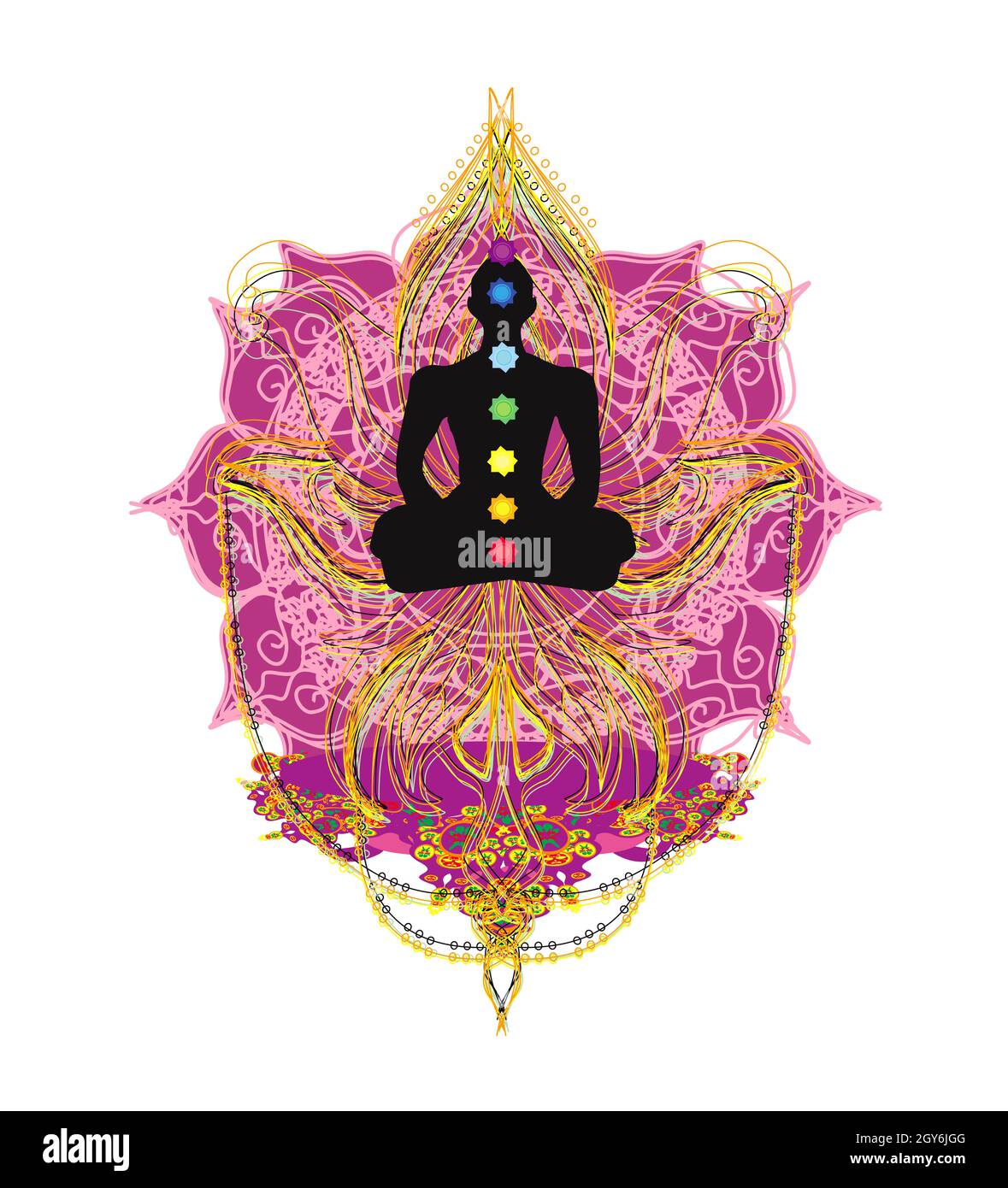 Lotus Yoga-Pose. Padmasana mit Chakra-Punkte. Stockfoto