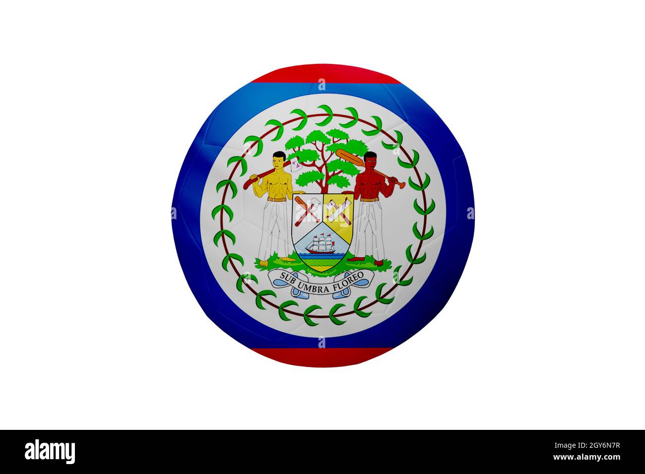 Fußball in den Farben der Belize-Flagge isoliert auf weißem Hintergrund. In einem konzeptionellen Meisterschaftsbild, das Belize unterstützt. Stockfoto