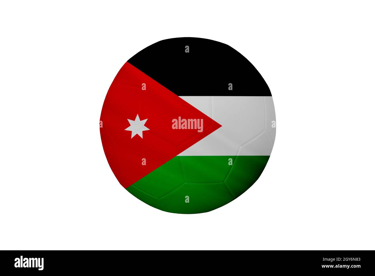 Fußball in den Farben der Jordan-Flagge isoliert auf weißem Hintergrund. In einem konzeptionellen Meisterschaftsbild, das Jordanien unterstützt. Stockfoto