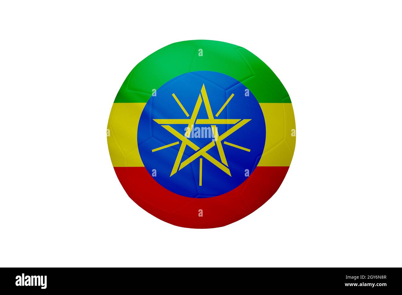 Fußball in den Farben der äthiopischen Flagge isoliert auf weißem Hintergrund. In einem konzeptionellen Meisterschaftsbild, das Äthiopien unterstützt. Stockfoto