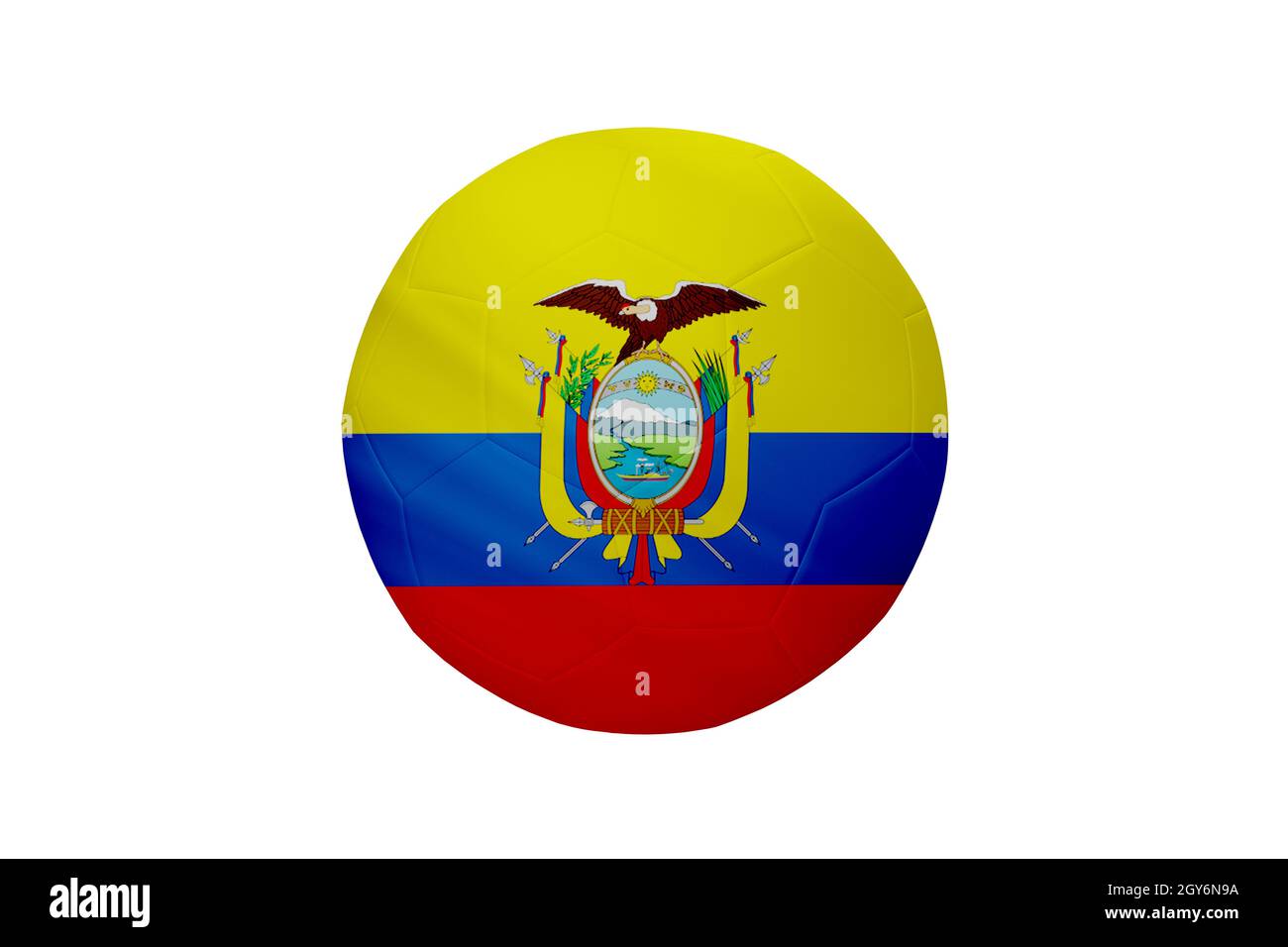 Fußball in den Farben der ecuadorianischen Flagge isoliert auf weißem Hintergrund. In einem konzeptionellen Meisterschaftsbild, das Ecuador unterstützt. Stockfoto