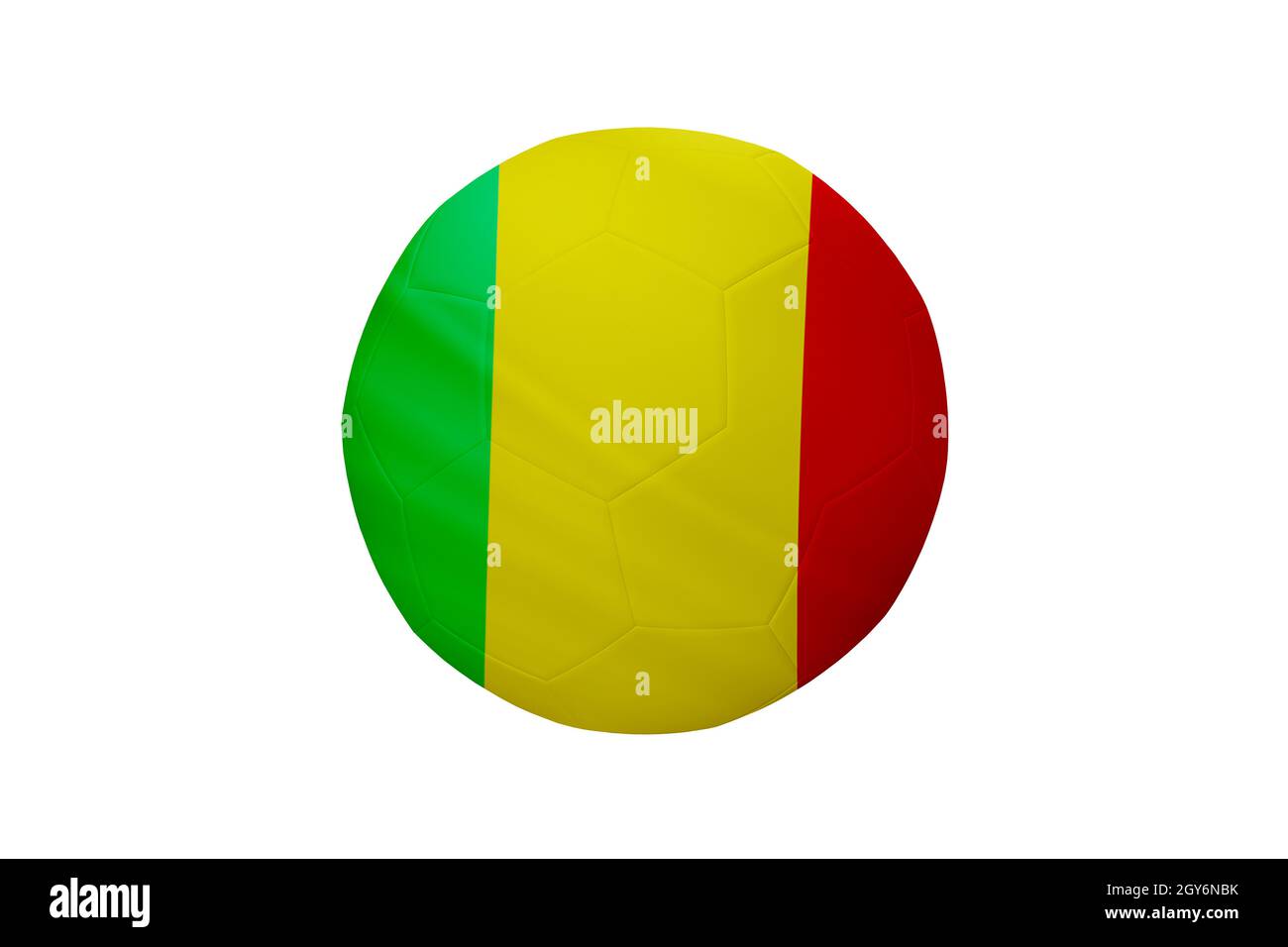 Fußball in den Farben der Mali-Flagge isoliert auf weißem Hintergrund. In einem konzeptionellen Meisterschaftsbild, das Mali unterstützt. Stockfoto