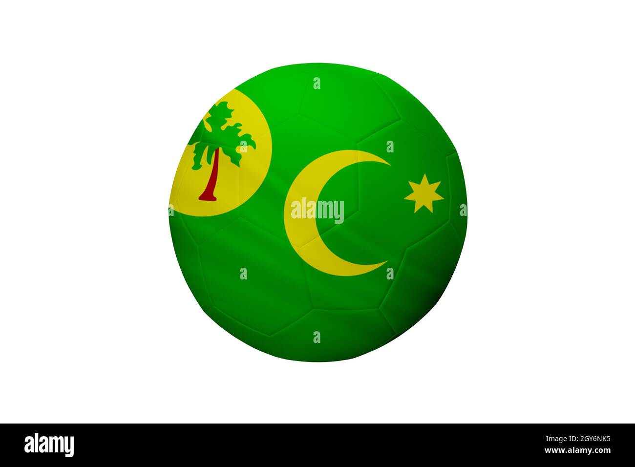 Fußball in den Farben der Flagge der Kokosinseln isoliert auf weißem Hintergrund. In einem konzeptionellen Meisterschaftsbild, das die Kokosinseln unterstützt. Stockfoto