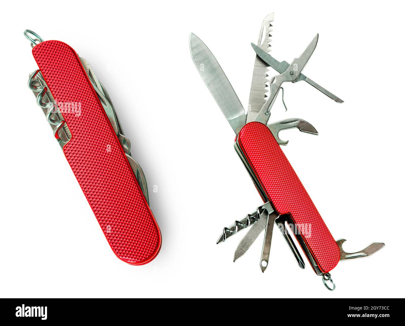 Das Multifunktionswerkzeug Red Knife, isoliert auf weißem Hintergrund Stockfoto