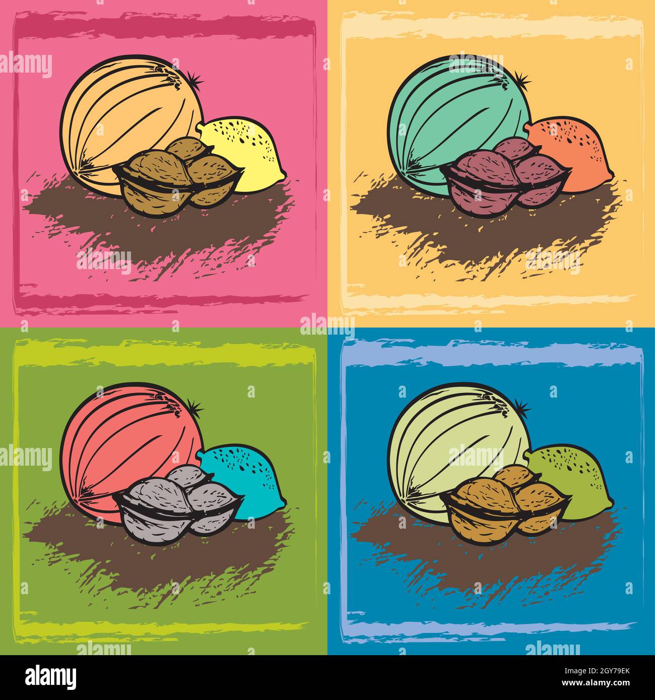 Obstset - Melone, Walnüsse und Zitrone - 4 handgezeichnete Digitale Illustrationen, Vegetarisch Vegan Healthy Natural Food Icons auf verschiedenen Hintergründen Stock Vektor
