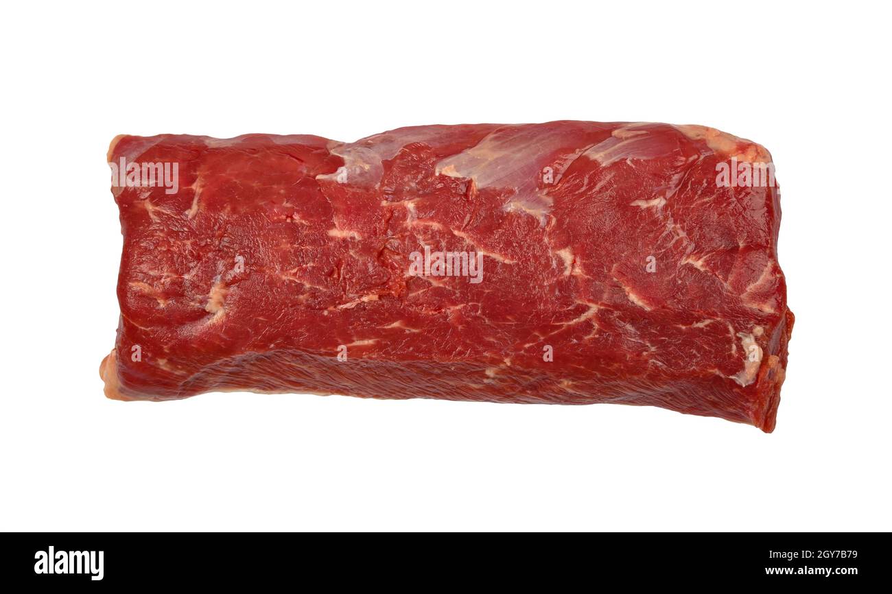 Nahaufnahme von rohem Lamm- oder Hammelfleisch Filet Cut Steak isoliert auf weißem Hintergrund, erhöhte Ansicht von oben, direkt darüber Stockfoto