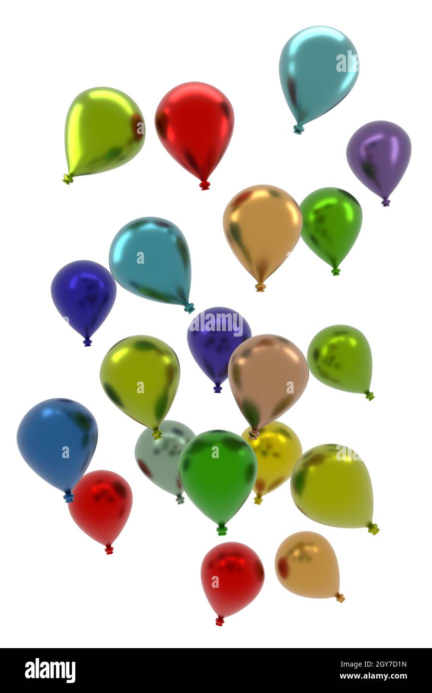 Bunte Luftballons auf weißem Hintergrund, Konzept für Grußkarten oder Feiern, 3d-Renderings Stockfoto