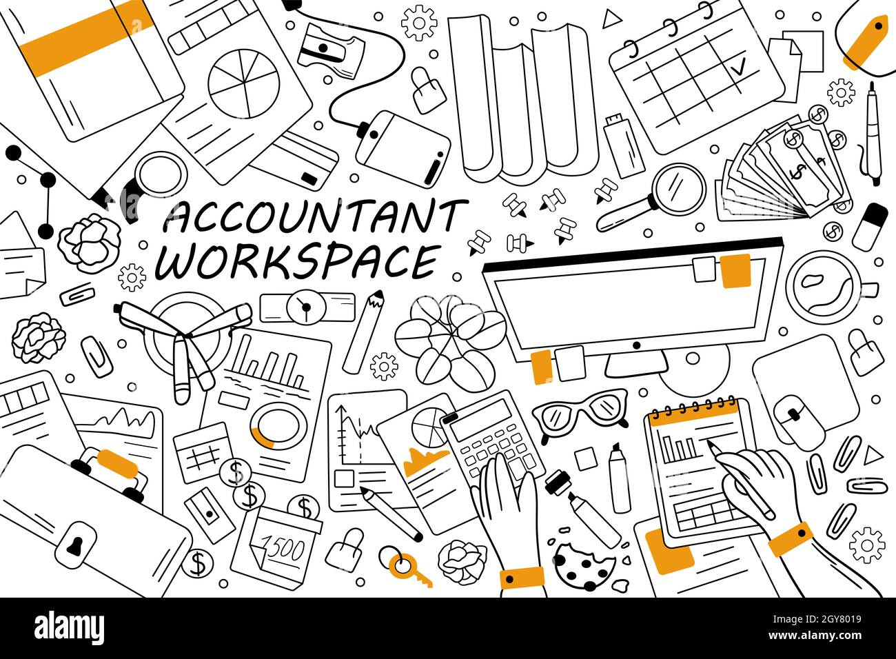 Doodle-Set für den Arbeitsbereich des Buchhalters. Sammlung von handgezeichneten Skizzen Vorlagen Muster der Finanz-Business-Buchhaltung Arbeitsgeräte. Finanzplatz Stockfoto